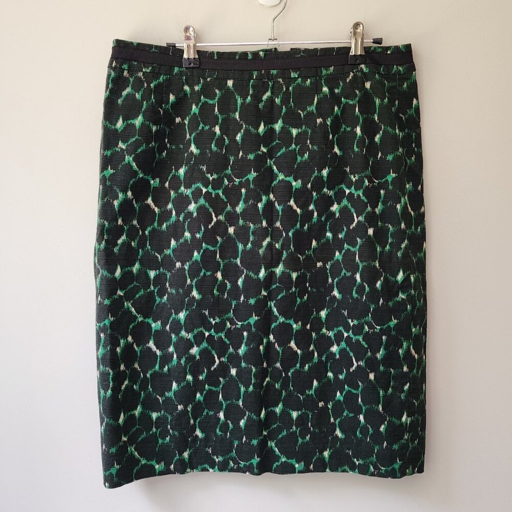 BODEN Cotton Pencil Skirt | US 10/UK 14 | Ribbon Trim, Lined, Green Black Print